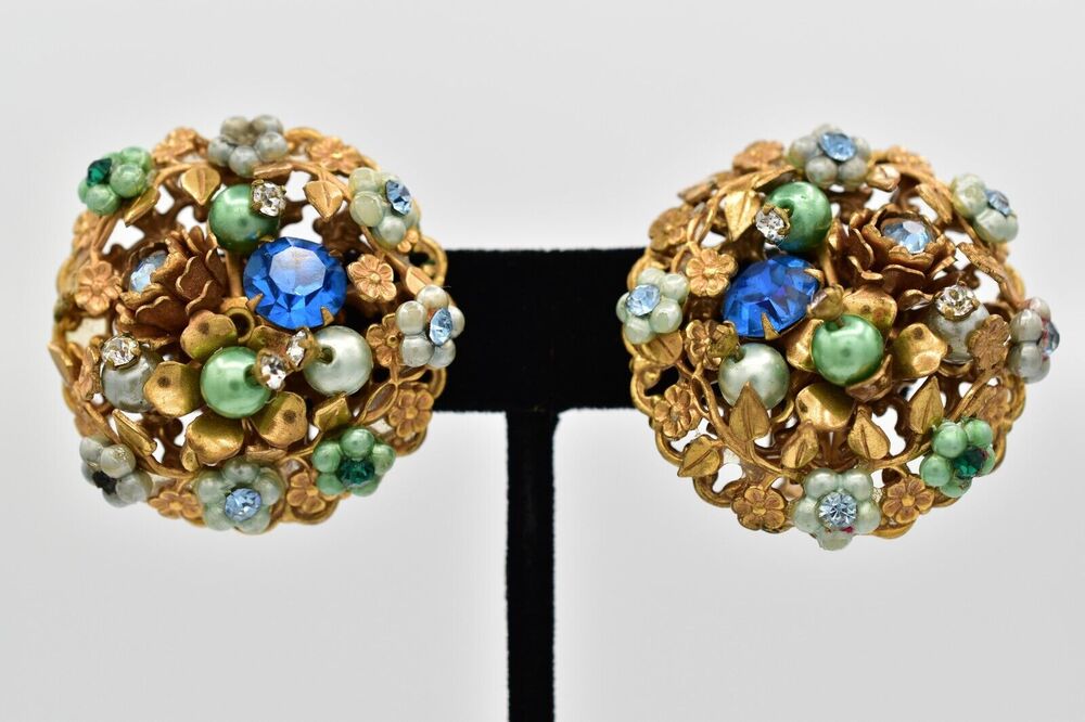 Vintage Clip On Earrings Crystal Pearl Blue Green Antiqued Gold 60s Chunky BinBB